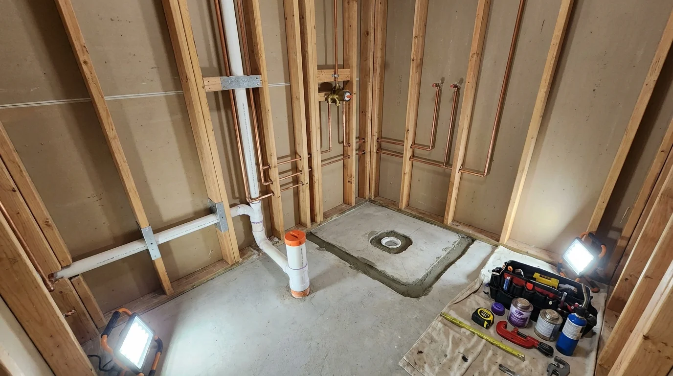 Bathroom rough-in plumbing during remodel by Johns Plumbing LLC in New Augusta