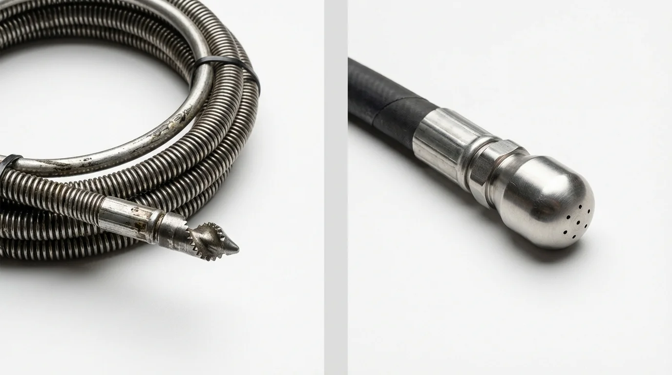 Drain snake cable and hydro jetting nozzle used for drain cleaning in New Augusta, MS