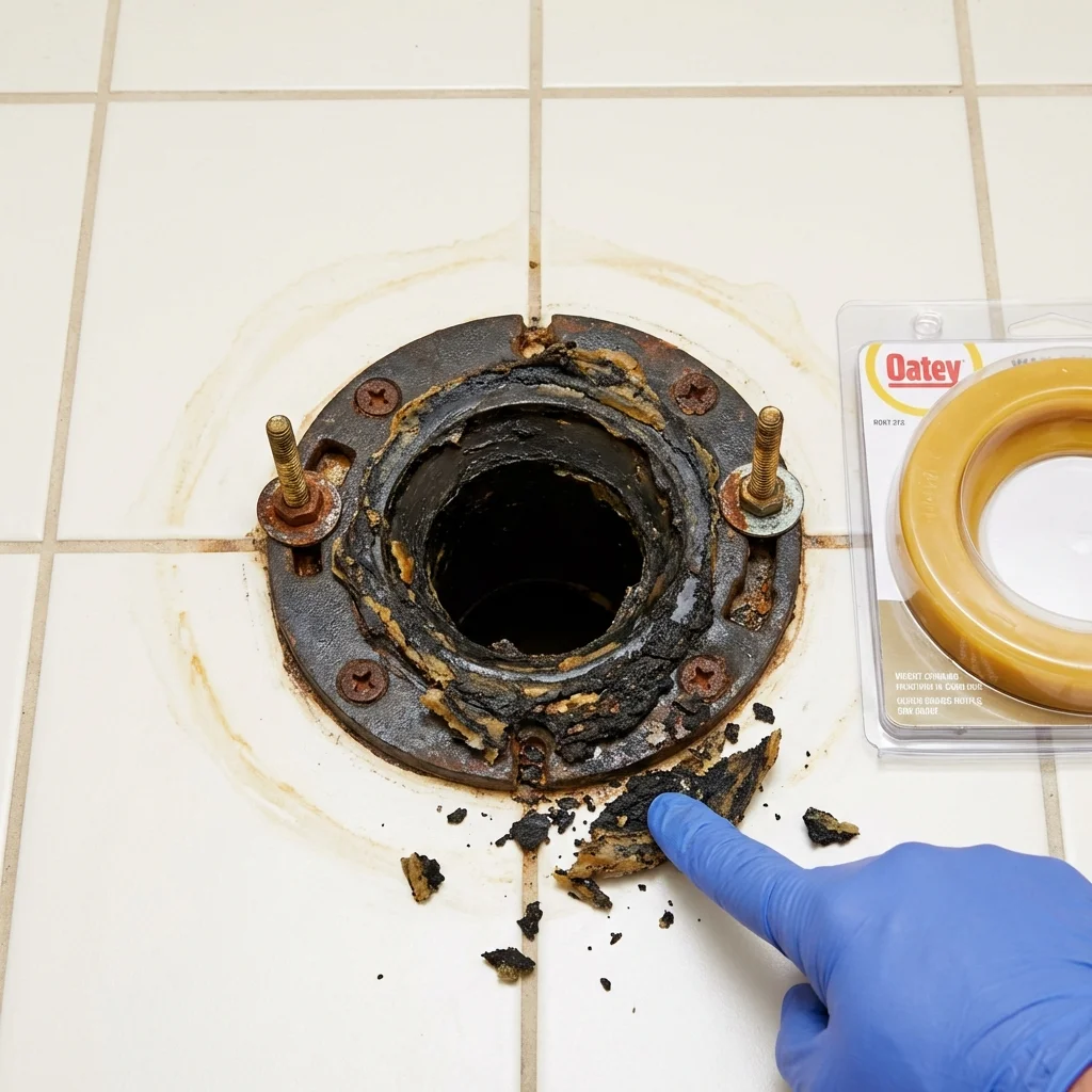Failed wax ring showing water seepage at the base of a toilet in a New Augusta, MS home
