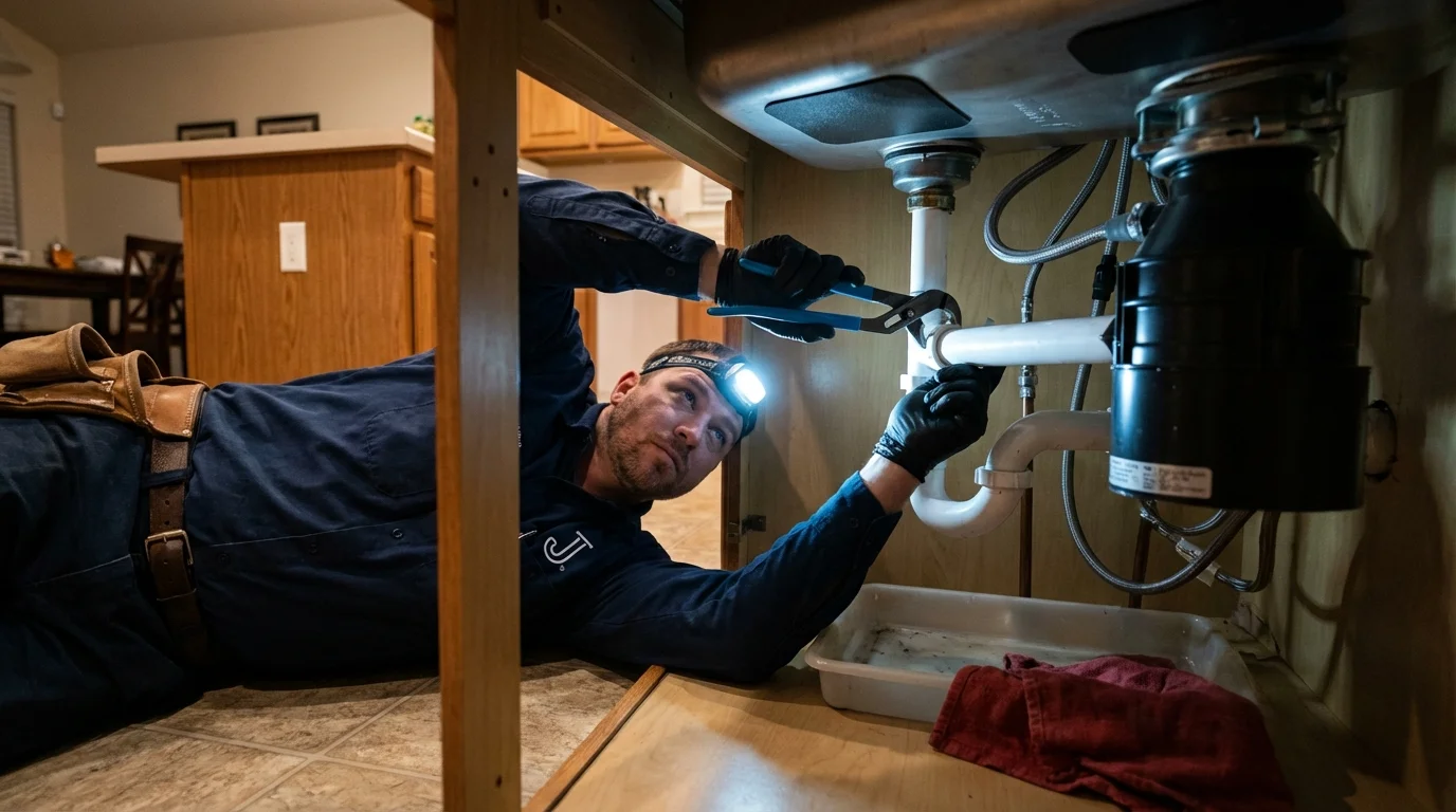 P-trap and supply line connections under a kitchen sink showing a common leak point in New Augusta, MS